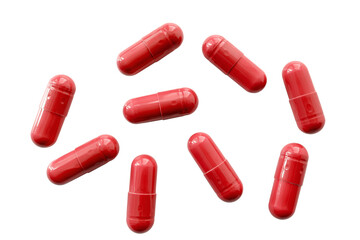 red medicine capsules and remedy pills, pharmaceutical cure, antibiotics or painkillers isolated on 