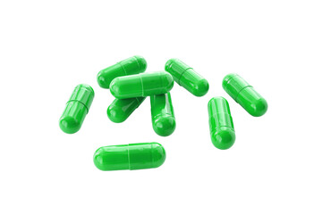 Green medicine capsules and remedy pills, pharmaceutical cure, antibiotics or painkillers isolated on transparent background