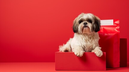 A small dog perches comfortably on a vibrant red package of dog food, against a matching red backdrop. The setting exudes a lively, cheerful vibe, highlighting the dog's playful demeanor