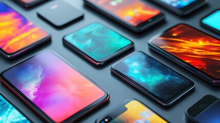 Multiple smartphones laying flat on a gray surface with bright, abstract colorful backgrounds on their screens.