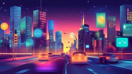 Wall Mural - Neon cityscape with cars driving on a highway at night.