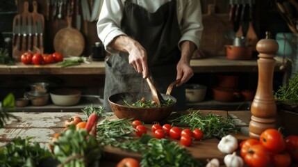 A chef stirs a salad in a rustic kitchen with fresh vegetables and herbs surrounding the bowl.