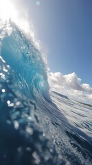 Canvas Print - side view of a huge surf wave, blue and foamy, sunny sky