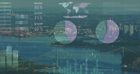 Poster - Animation of data processing and diagrams over cityscape