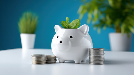 Wall Mural - White piggy bank with small plant sprout, surrounded by stacks of coins on a bright blue background, symbolizing financial growth.