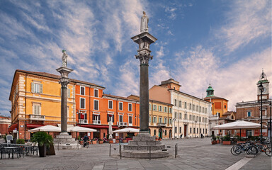 Poster - Ravenna, Emilia-Romagna, Italy: the main square Piazza del Popolo with the ancient columns with the statues of Saint Apollinare and Saint Vitale