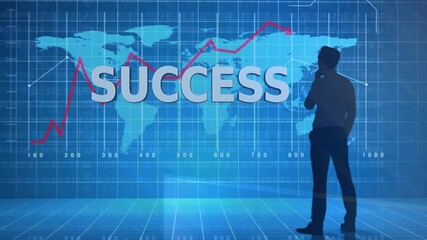 Poster - Animation of success text over caucasian businessman and world map