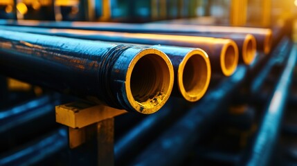 Close-up of industrial pipes with golden edges, showcasing metallic texture and intricate details in a vibrant factory setting.