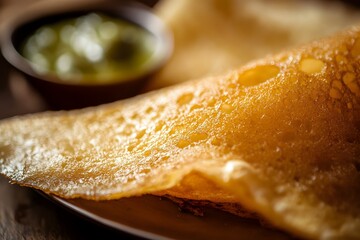 Crispy Dosa Edges Highlighted in Soft Lighting with Contrasting Chutney