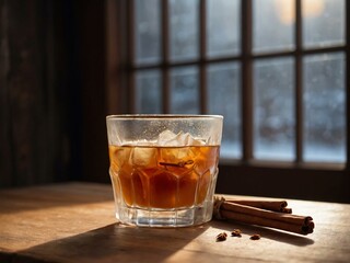 Wall Mural - A glass of canelazo on a wooden table near a frosted window, surrounded by cinnamon sticks and cloves with warm light.