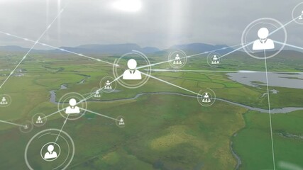 Poster - Animation of network of connections with icons over landscape