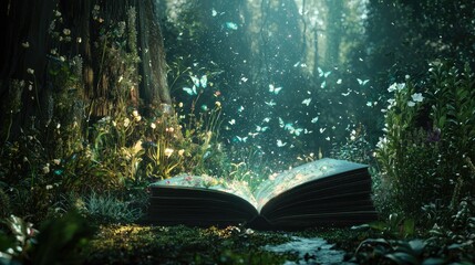 Wall Mural - a concept art for a fantasy computer game, a fantasy world of magical fairies, a book in the magica garden, angle shot, close-up, dark