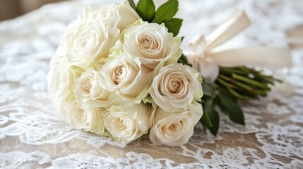 Wall Mural - White roses, perfectly arranged in a bouquet and tied with a satin ribbon, placed delicately on a lace-covered table.