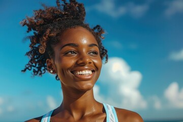 Wall Mural - Smiling black woman in sports attire under a bright blue sky. Symbol of fitness, positivity, and healthy lifestyle.