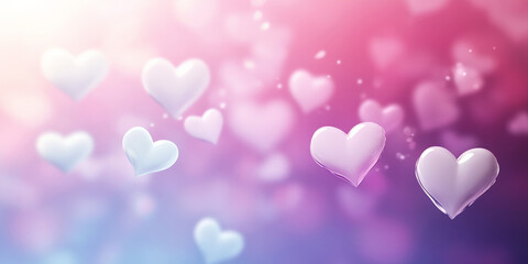 a dreamy background with floating white hearts on a gradient of soft pink to purple, with a glossy, 