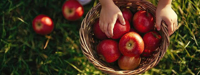 the child collects apples in a basket. Selective focus