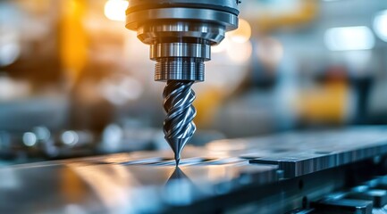 A close-up shot of an industrial drill, with its spindly spiral bit turning in the air as it burrows through metal on top of a modern machine shop table.