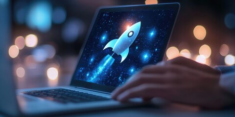 Hand using laptop with screen showing rocket and space background.