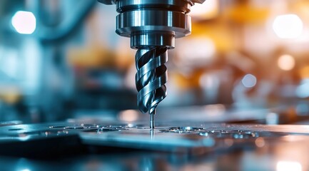 A close-up shot of an industrial drill, with its spindly spiral bit turning in the air as it burrows through metal on top of a modern machine shop table.