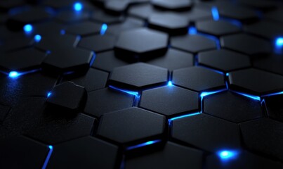 Black Hexagonal Grid with Blue Glowing Edges