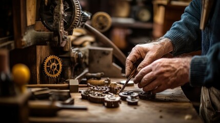 Wall Mural - A craftsman meticulously works on intricate mechanical components in a workshop.