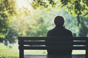 A man sits on a park bench in the fall. the scene has a peaceful, contemplative mood.