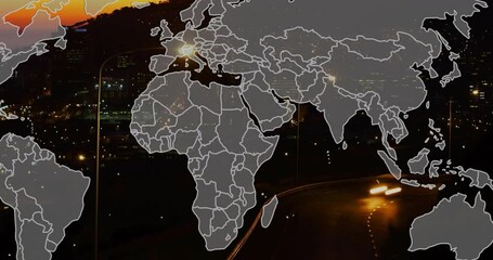 Poster - Animation of world map over cityscape