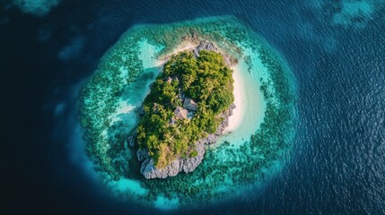 Aerial view of a tropical island surrounded by clear blue waters and coral reefs.