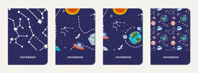 Wall Mural - school notebook cover design with cartoon galaxy.