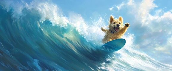 Wall Mural - A golden retriever puppy, riding a surfboard on a large wave with a joyful expression on its face, against a bright blue sky.