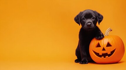 Adorable black puppy with Jack-o'-lantern on orange