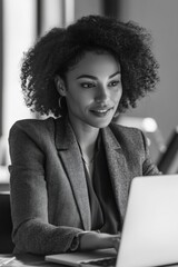 Wall Mural - Young woman with earrings looking at her computer screen. She is smiling and appears focused on her work.