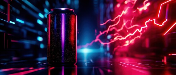 Aufkleber - A glowing can surrounded by vibrant neon lights, showcasing a futuristic digital atmosphere with dynamic energy.