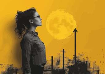 Poster - Young Female Manager Illustrating Business Growth with Rising Curve Concept - Minimalistic Vector Art for Success and Planning