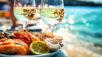 Wall Mural - shrimp wine seafood on the beach background. selective focus