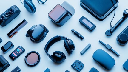 Flat lay of various modern black tech gadgets and accessories on a white background.