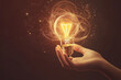 © wolfhound911 - A human hand holding a glowing lightbulb, emitting swirling lines of light and particles, representing an inspiring idea on a dark gradient background.