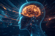 © wolfhound911 - A human head with a glowing brain and swirling lines of light, symbolizing the creation of ideas, floating in a high-tech environment.