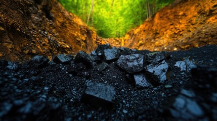 A close-up view of coal stones on a ground surface, surrounded by lush green forests and illuminated by warm sunlight.