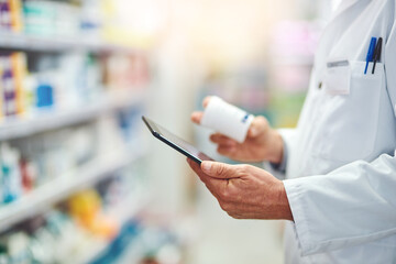 Canvas Print - Pharmacy, pills and tablet with hands of person for medicine, advice and healthcare. Medical, insurance and antibiotic prescription with pharmacist for digital inventory, drugstore and dispensary