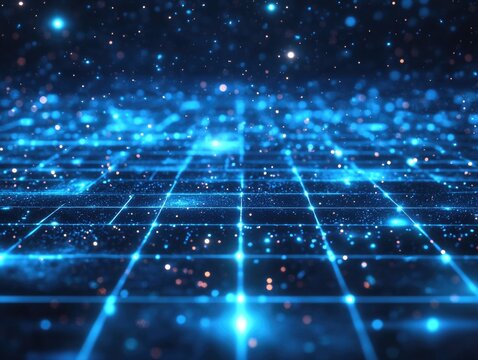 Space-themed digital grid with blue light effects and glowing stars. Futuristic, computer graphics representation.