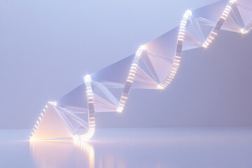 A minimalist background with a single DNA strand made of geometric shapes and neon lights, set against a clean, light gray surface.