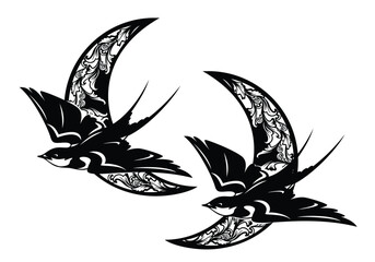 Wall Mural - flying swallow bird with crescent moon - black and white vector decorative design for bedtime and sw