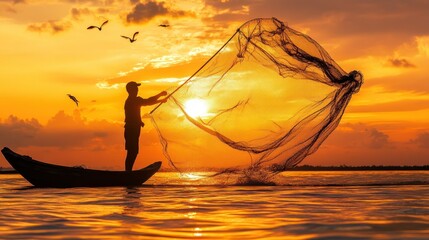 A fisherman casts his net into the sunset, creating a serene and picturesque scene.