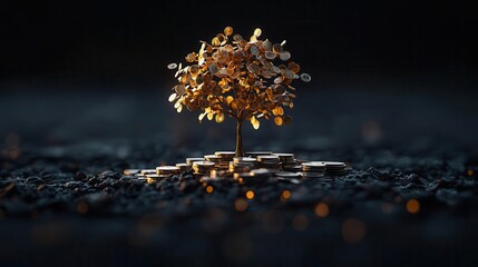 Wall Mural - A glowing tree growing from a foundation of coins, with its branches fluctuating like stock graphs, symbolizing financial strategies, 3D rendering, Warm tones