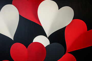 A modern love symbol design featuring geometric hearts in bold colors like red, black, and white, with a sleek, matte finish for a contemporary feel.