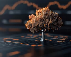 Wall Mural - A tree with branches made of fluctuating stock market graphs, symbolizing financial growth amidst volatility, 3D rendering, Warm and cool tones