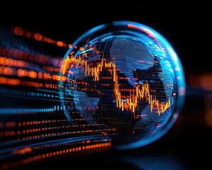 A futuristic globe with fluctuating stock graphs orbiting it, representing global financial growth and market fluctuations, Sci-fi, High-tech colors