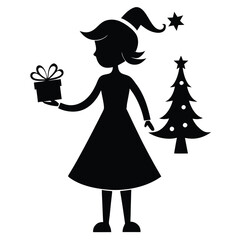 Wall Mural - Christmas Silhouette Girl Holding Gift Line Art.