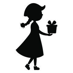 Wall Mural - Christmas Silhouette Girl Holding Gift Line Art.